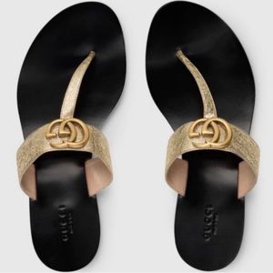 Gucci Marmont Leather Thong Sandal with Double G EU 37 Gold Metallic